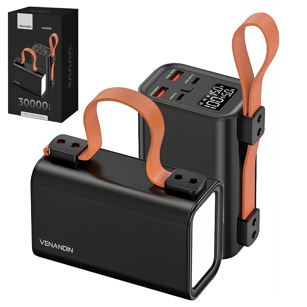 Venandin Opulix PWB30B1 30.000 mAh 100W PD Hızlı Şarj Powerbank – Entegre Kablolu, LED Göstergeli, Çoklu Cihaz Desteği