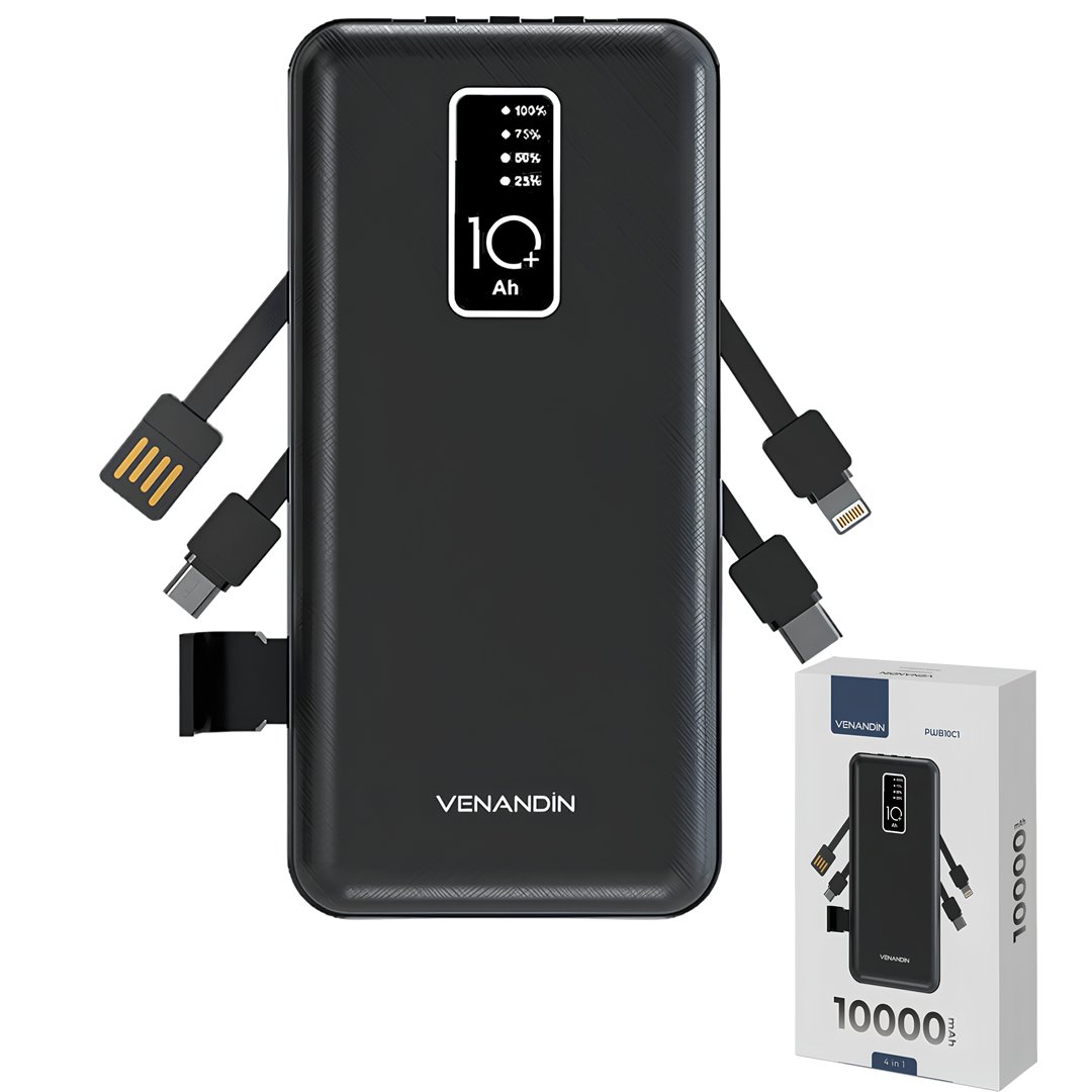 Venandin PWB10C1 10.000 mAh Powerbank 4 ü 1 Arada Entegre Kablolu LED Göstergeli Taşınabilir Şarj Cihazı