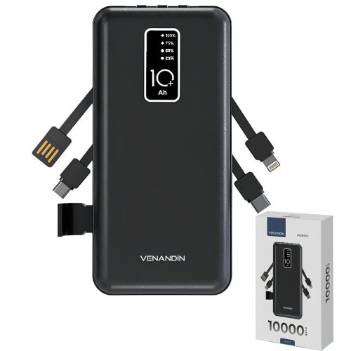 Venandin PWB10C1 10.000 mAh Powerbank 4 ü 1 Arada Entegre Kablolu LED Göstergeli Taşınabilir Şarj Cihazı