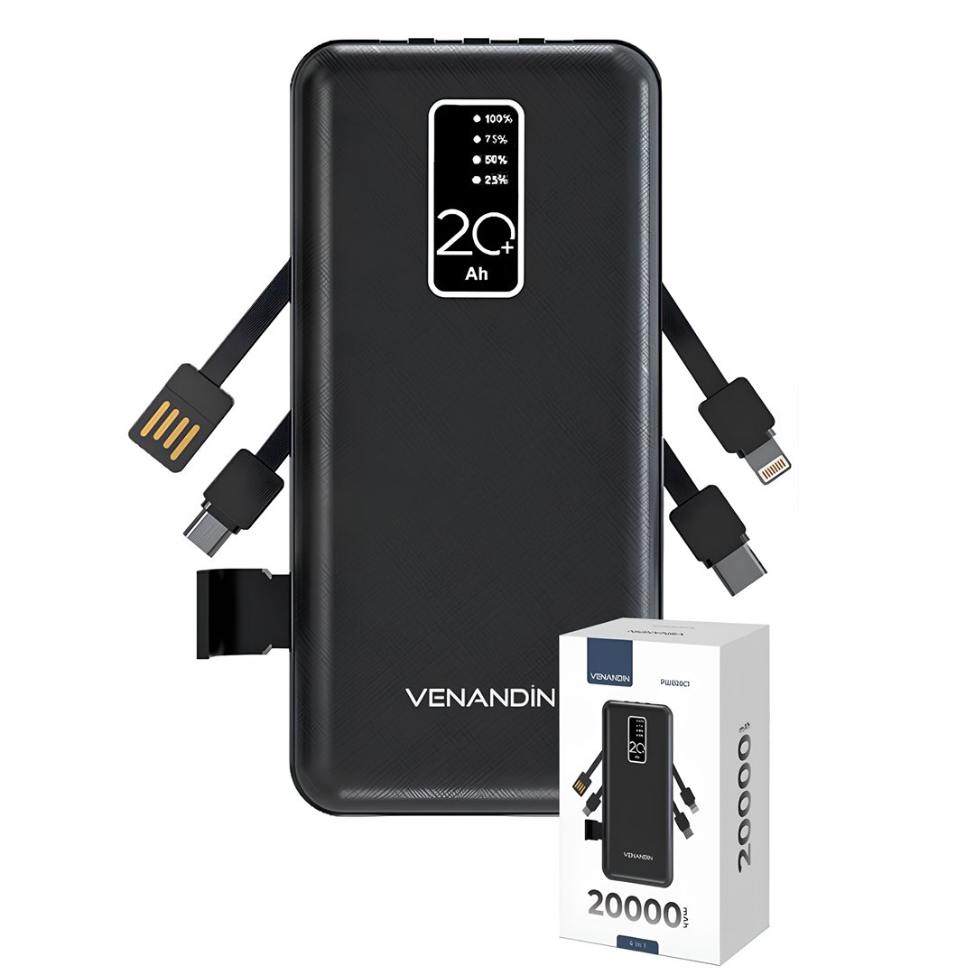 Venandin PWB20C1 20.000 mAh Powerbank 4 ü 1 Arada Entegre Kablolu LED Göstergeli Taşınabilir Şarj Cihazı