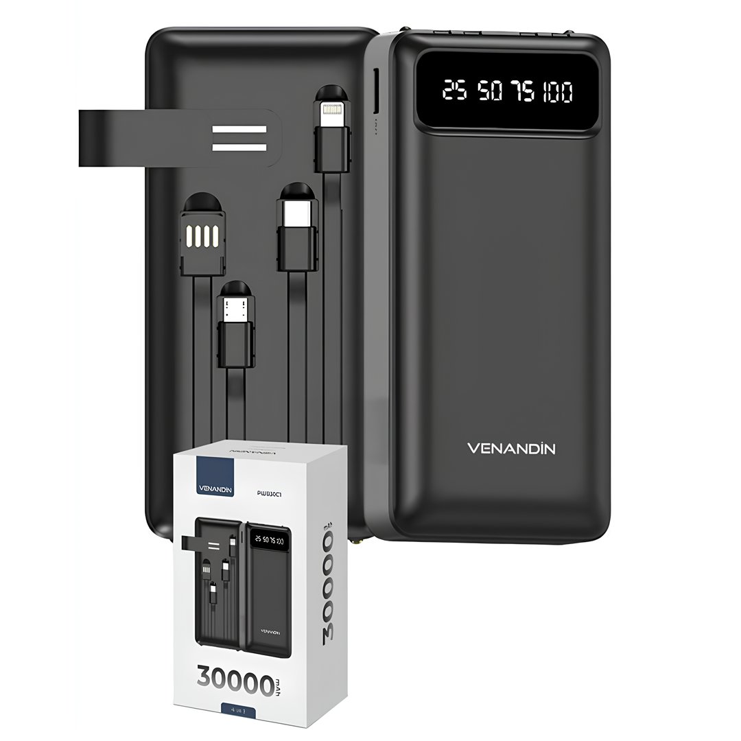 Venandin PWB30C1 30.000 mAh Powerbank 4 ü 1 Arada Entegre Kablolu LED Göstergeli Taşınabilir Şarj Cihazı