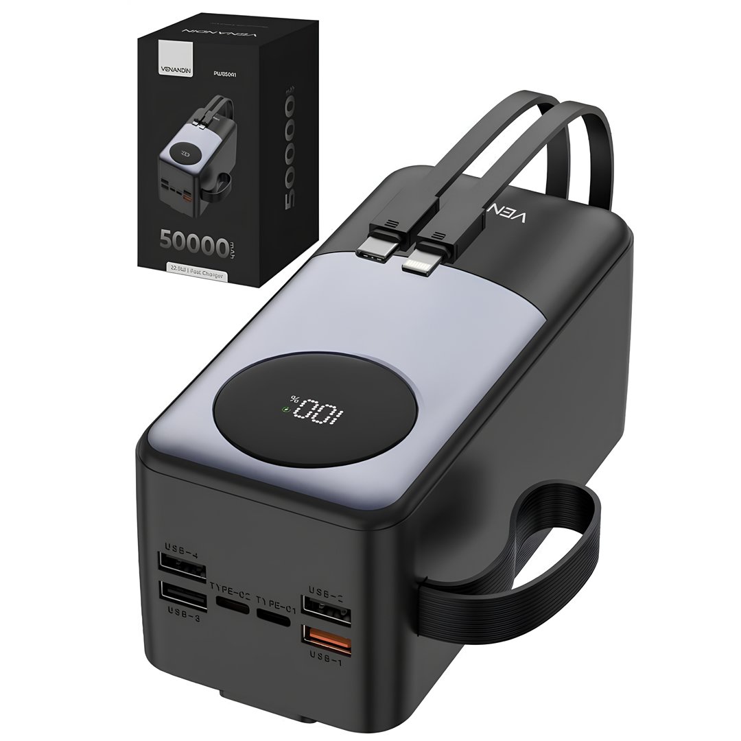 Venandin Opulix PWB50A1 50.000 mAh 22.5W Hızlı Şarj Powerbank – 6 Port, Entegre Kablolu, LED Göstergeli Dev Kapasite