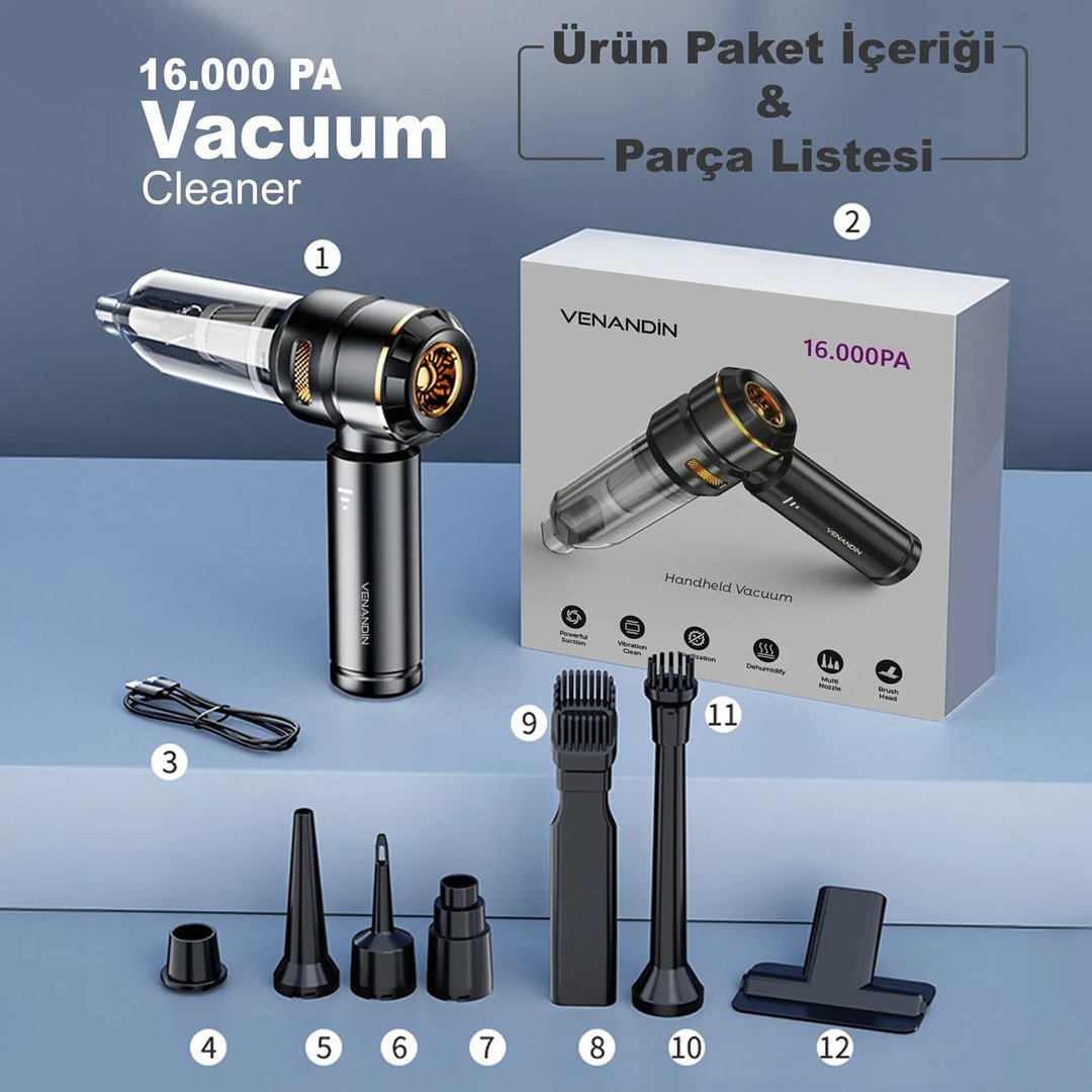 Venandin ST6659 Plus Kablosuz Şarjlı Mini Araç Vakumlu Süpürge 16000PA Parçalar